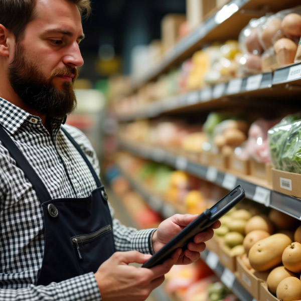 geocery store staff with mobile handheld